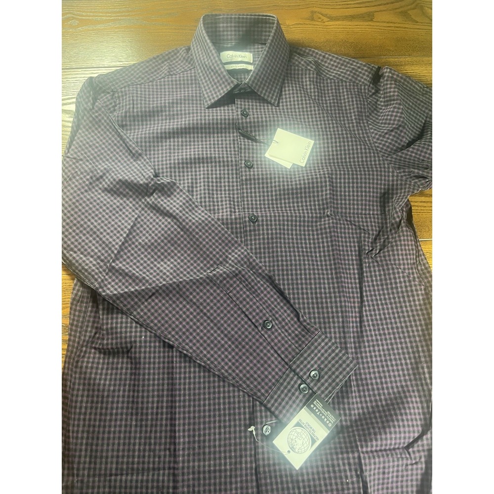 NEW Calvin Klein Slim Fit Size 15 32/33 Check Purple Black LS Button Dress Shirt